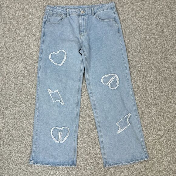 Q&J Patchwork Hearts Wide Leg High Rise Jeans Blue Large - Picture 3 of 12